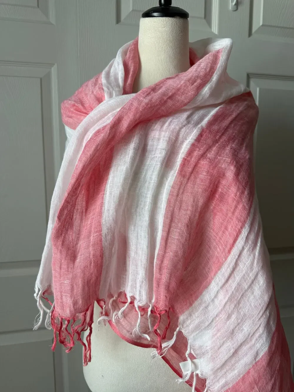 Jones New York Pink White Linen Stripe Wrap Shawl Fringe 72” x 36” Cruise Beach